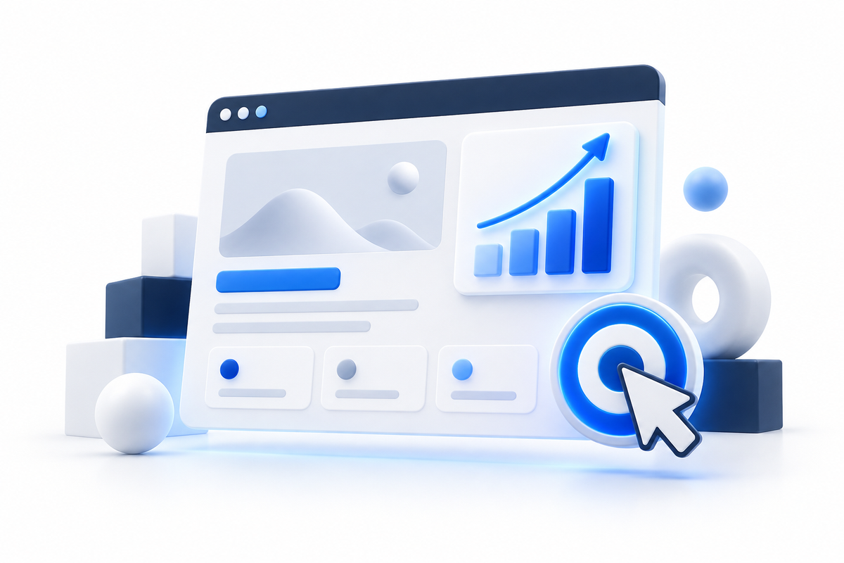 Minimal 3D illustration of a landing page, analytics chart and conversion target